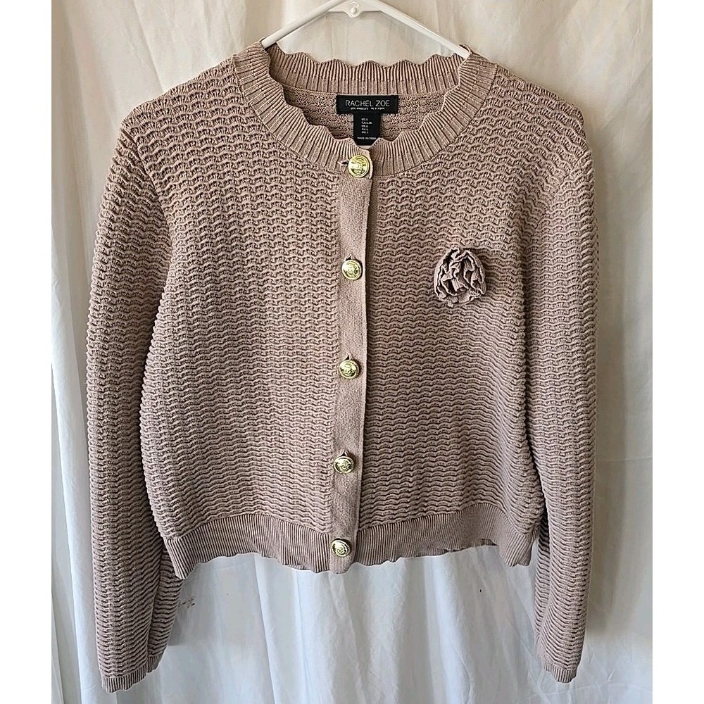 Rachel Zoe Button-Up Waffle Knit Cardigan‎ Sweater Brown W/rose Women's Size L